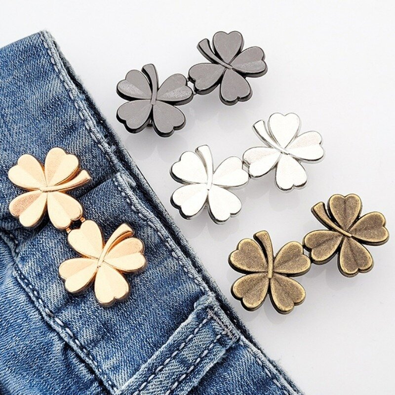 Cute Four-leaf Clover Waist Buckle Removable Nail-free Metal Jeans Pants Clips Buttons Pins DIY Waist Tightener Clothing Buckles