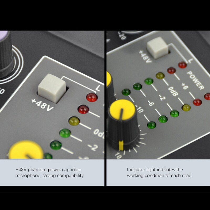 Sound Card Audio Mixer Sound Board Console Desk System Interface 4 Channel USB Bluetooth +48V Phantom Power (US Plug)