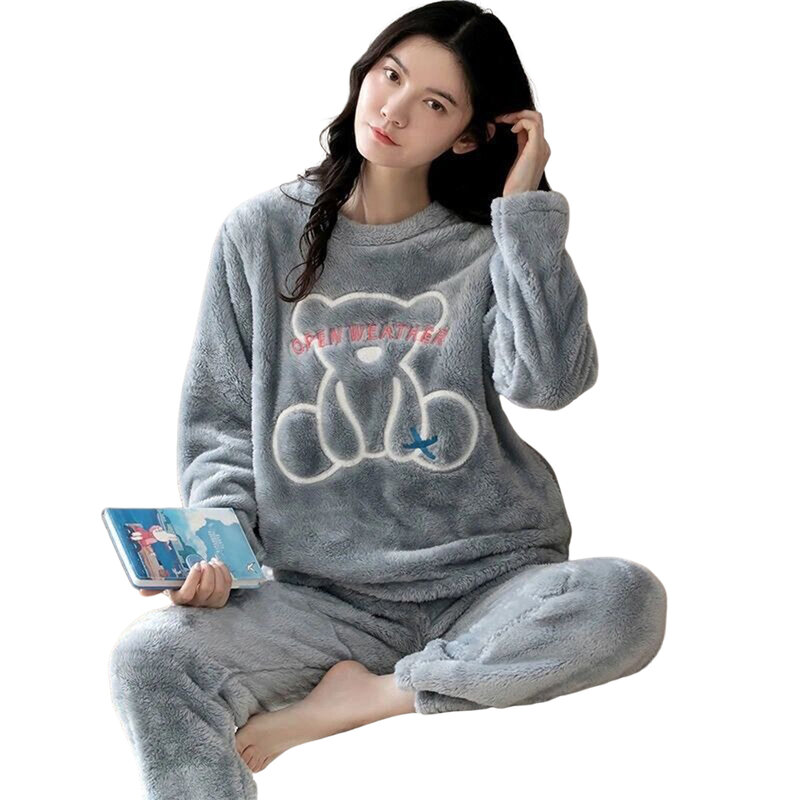 Women Winter Flannel Pajama Sets Adorable Cartoon Pajamas Two-Piece Sleepwear Set Suitable for Home  Wear