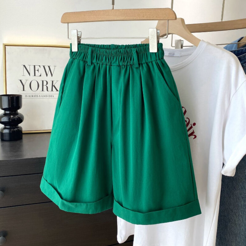 Pantalones cortos de algodón para mujer, Shorts de cintura alta, color verde, informales, holgados, cómodos y versátiles, color negro