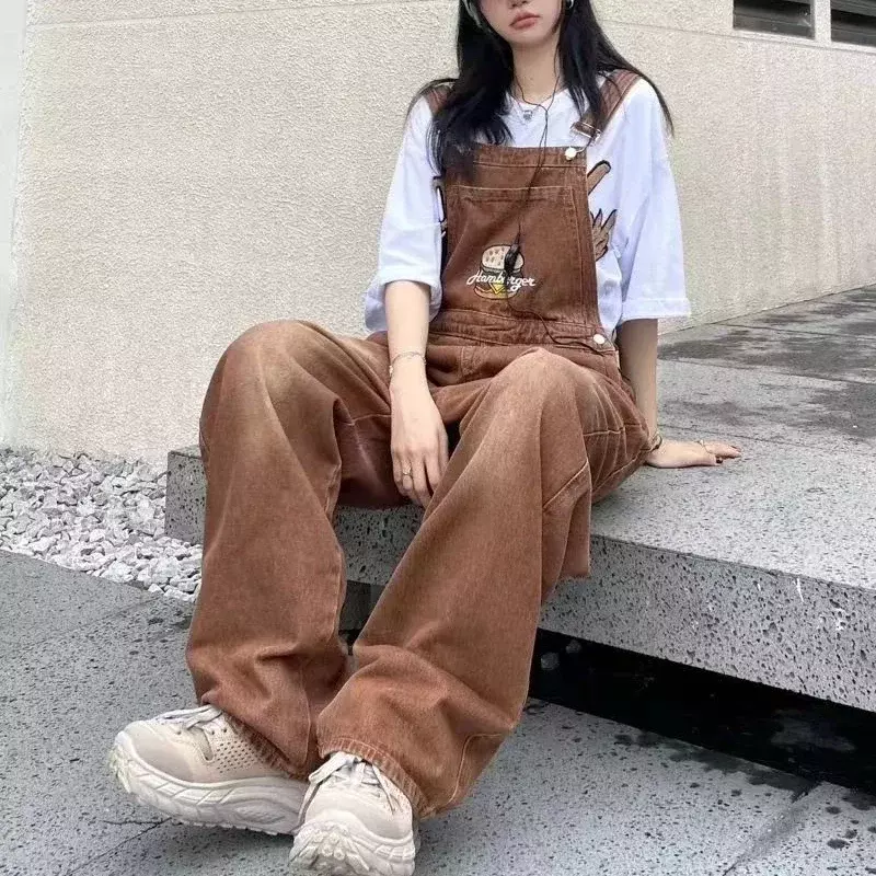 Celana suspender bordir coklat celana kargo sketsa artis luar ruangan wanita celana jeans lurus longgar musim semi musim panas celana panjang satu potong