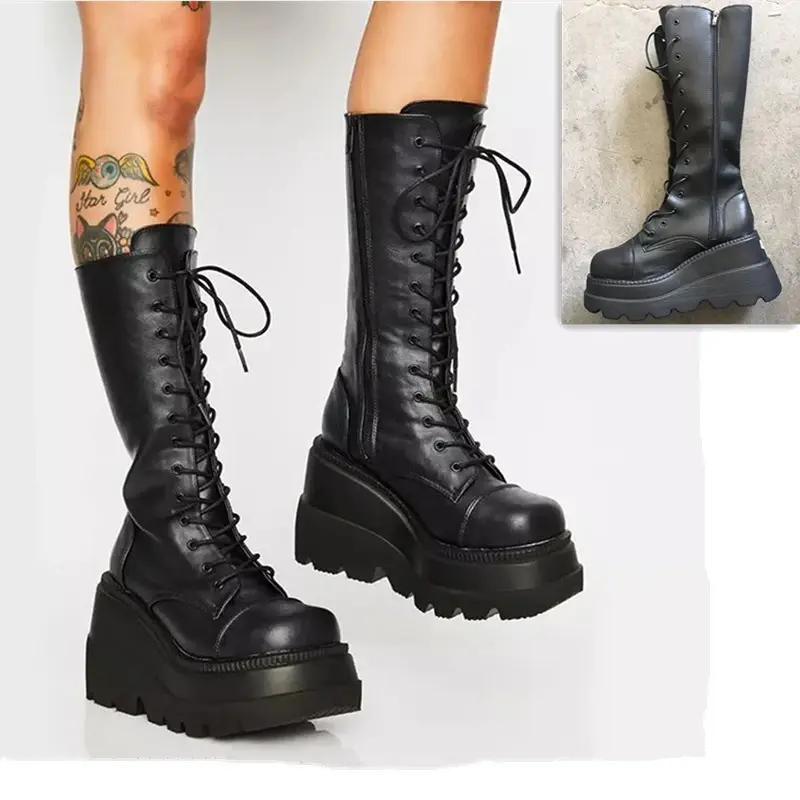Sepatu bot Platform Punk wanita, sepatu bot merek hitam Goth hak Chunky bahan serat mikro elastis musim semi musim gugur 2024