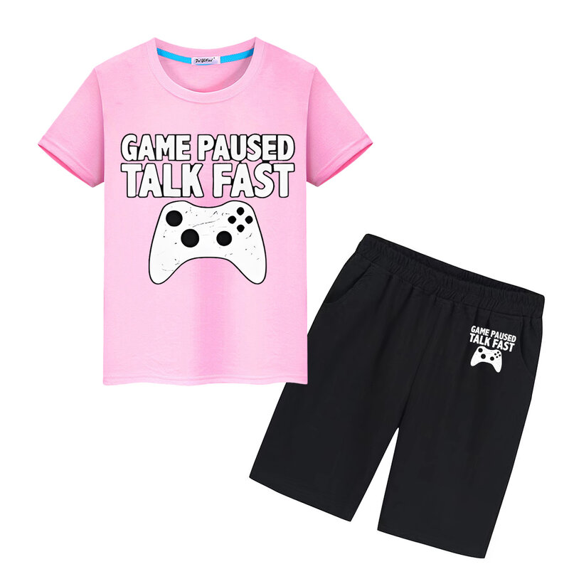 Kaus motif gamepad 100% katun Set Olahraga kaus lucu atasan + celana pendek musim panas hadiah liburan anak laki-laki perempuan