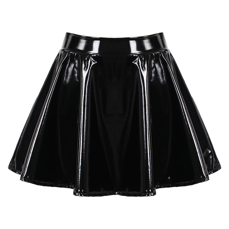 Flared Miniskirt rok kulit paten mengilap, rok Mini elastis gaya Retro untuk wanita