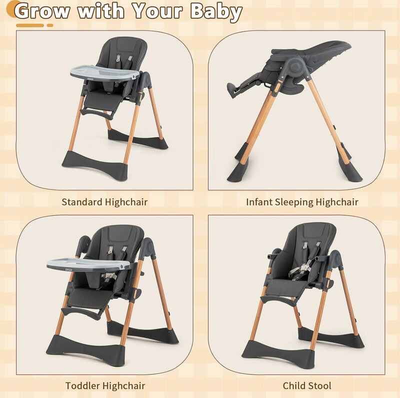 革製シートクッション付き折りたたみ式ハイチェア,快適な椅子,4 in 1,赤ちゃんと幼児に適しています