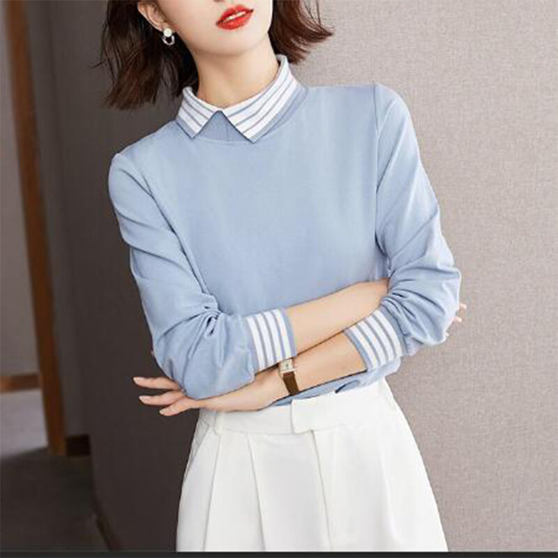 Spring Autumn Striped Patchwork Loose Casual Sweatshirt Women Long Sleeve Simple All-match Jumper Lady Krean Style Pullover Top