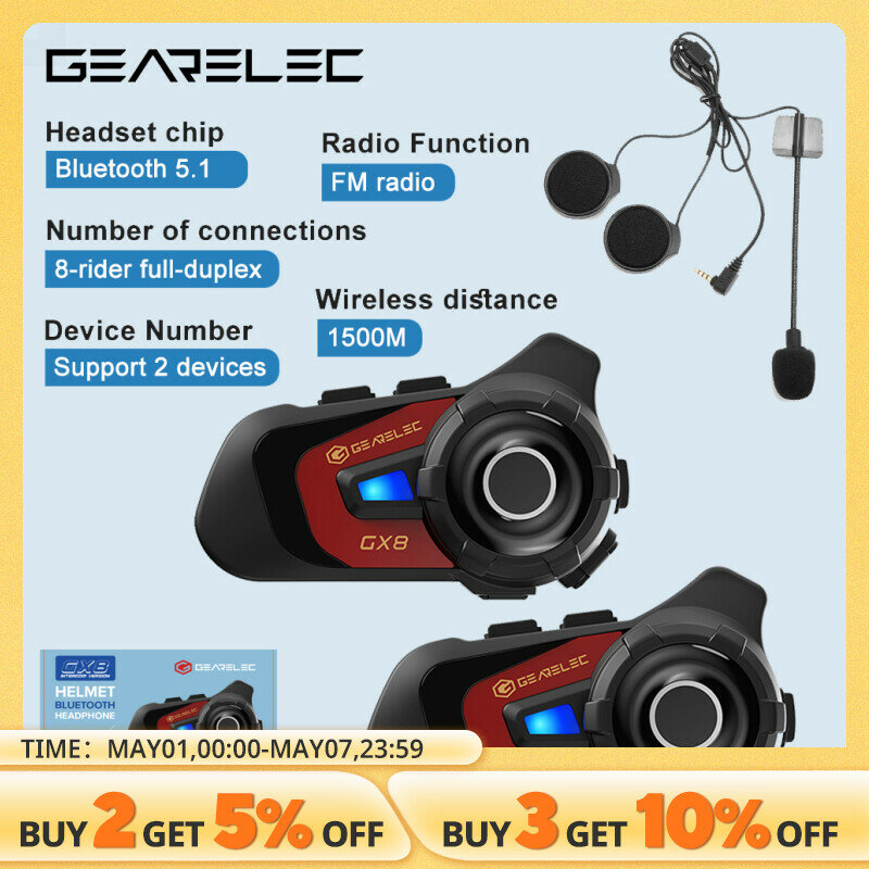 GEARELEC-Intercomunicador Bluetooth para Motocicleta, Grupo Capacete Comunicação, Alto-falante, Interfone, Compartilhamento de Música, 8 Pilotos, 1500m, GX8