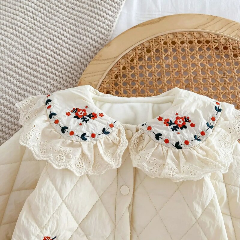 2023 Winter New in Newborn Infant Peter Pan Collar Embroidery Floral Lace Ruched Quilted Thicken Warm One-piece Romper 0-24M