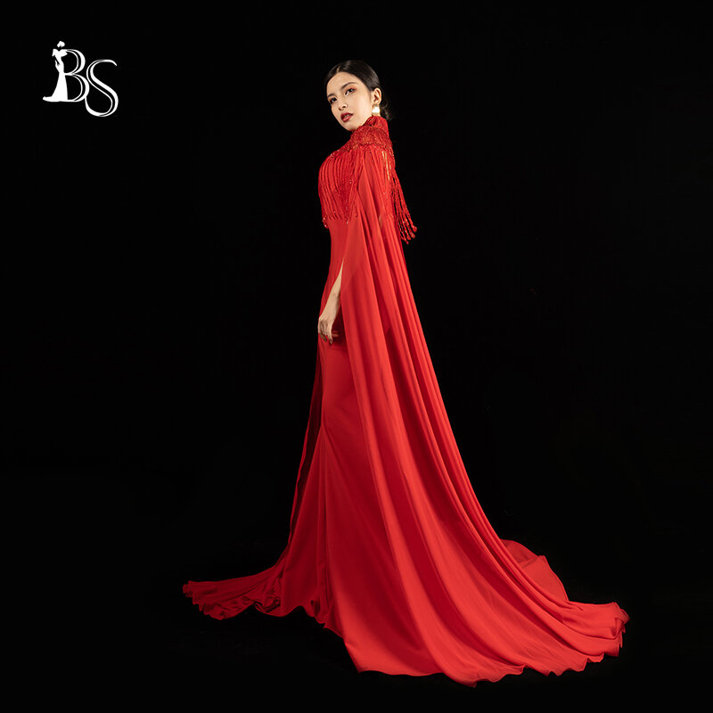 فستان سهرة أحمر نسائي مع رأس قابل للفصل ، طقم من قطعتين ، تنورة طويلة ، ملابس أنيقة ، مأدبة زفاف ، أداء من قطعتين