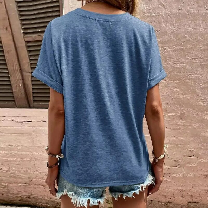T-shirt à col en V pour femmes, collection décontractée, demi-patte, solide, été