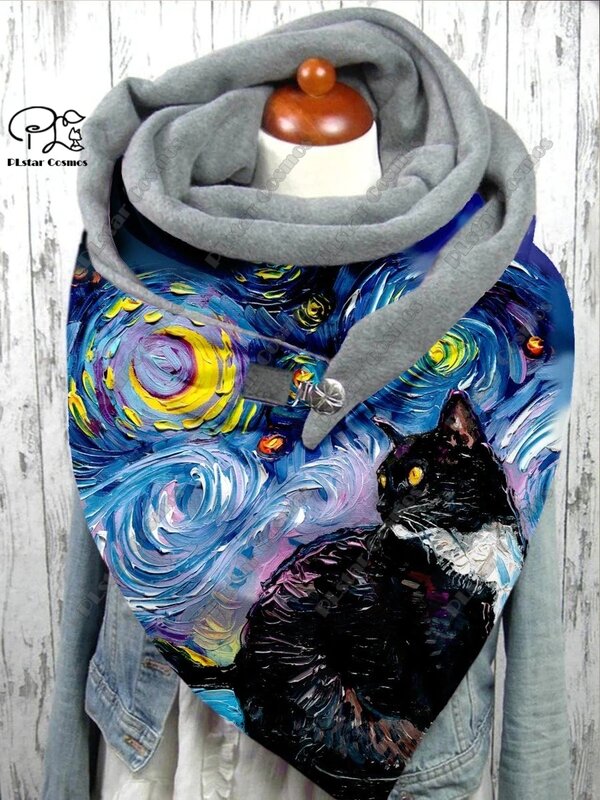 PLstar Cosmos 3D 프린트 동물 시리즈, 귀엽고 재미있는 고양이 패턴 프린트, 따뜻한 숄 스카프, 용수철 겨울 대형 삼각형 스카프 M-2