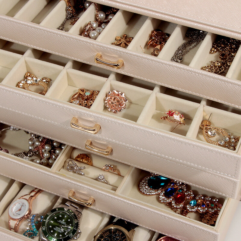 صندوق مجوهرات من الجلد الصناعي للنساء ، 6 طبقات ، حقيبة تخزين ، منظم عرض ، خاتم ، قلادة ، أقراط ، هدايا للفتيات ، بيع بالجملة من المصنع