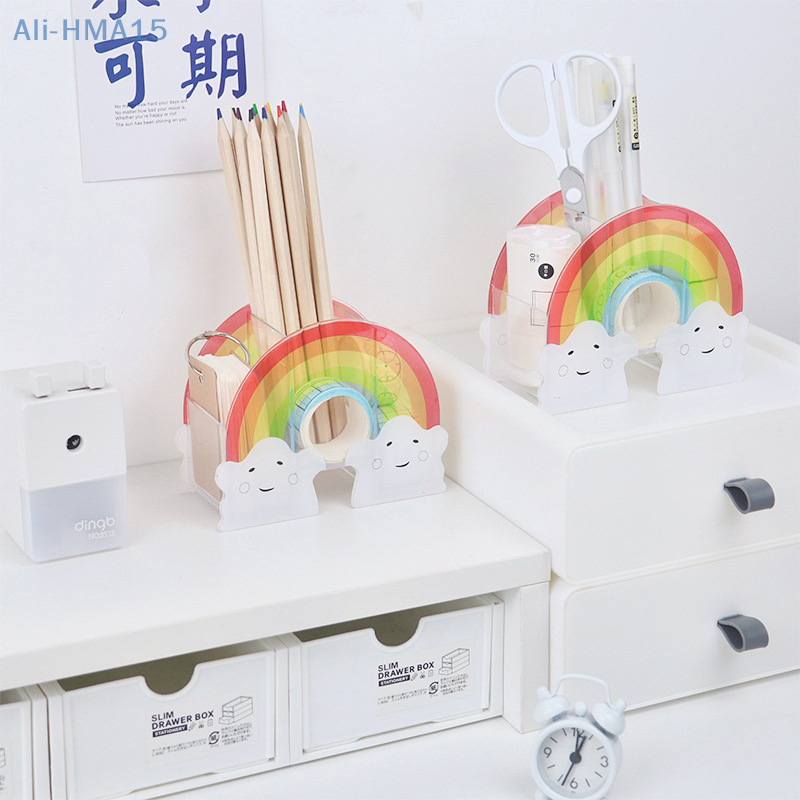 Rainbow White Cloud Acrylic Pencil Holder Multi-Compartment Pencil Case Kids Desktop Stationery Organizer For School Office