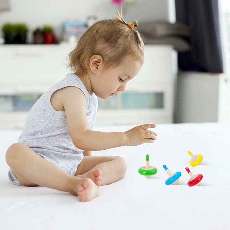 Mainan giroskop 4 buah mainan Gyro latihan jari kayu mainan Fidget lucu dengan pegangan mainan hiburan warna-warni untuk hadiah liburan