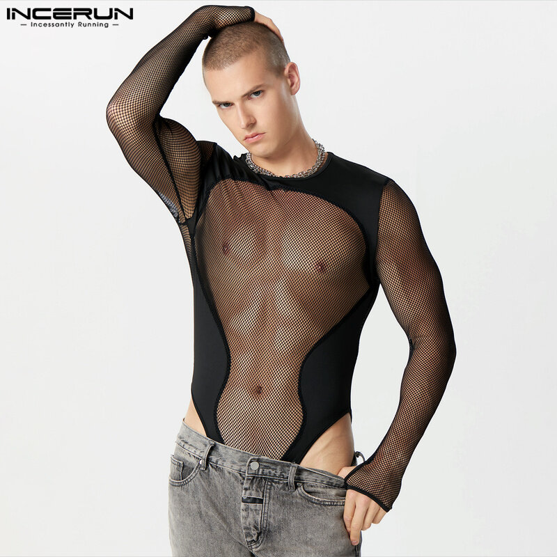 Sexy Men Homewear Jumpsuits Casual See-through Mesh Patchwork Rompers Fashion Long Sleeved Triangle Bodysuits S-3XL INCERUN 2024