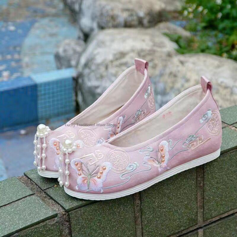 중국 한푸 코스프레 신발, 오리엔탈 스타일, 고대 꽃, 여성 댄스 레이디 치파오 탱수트, 한푸 자수 신발 P1