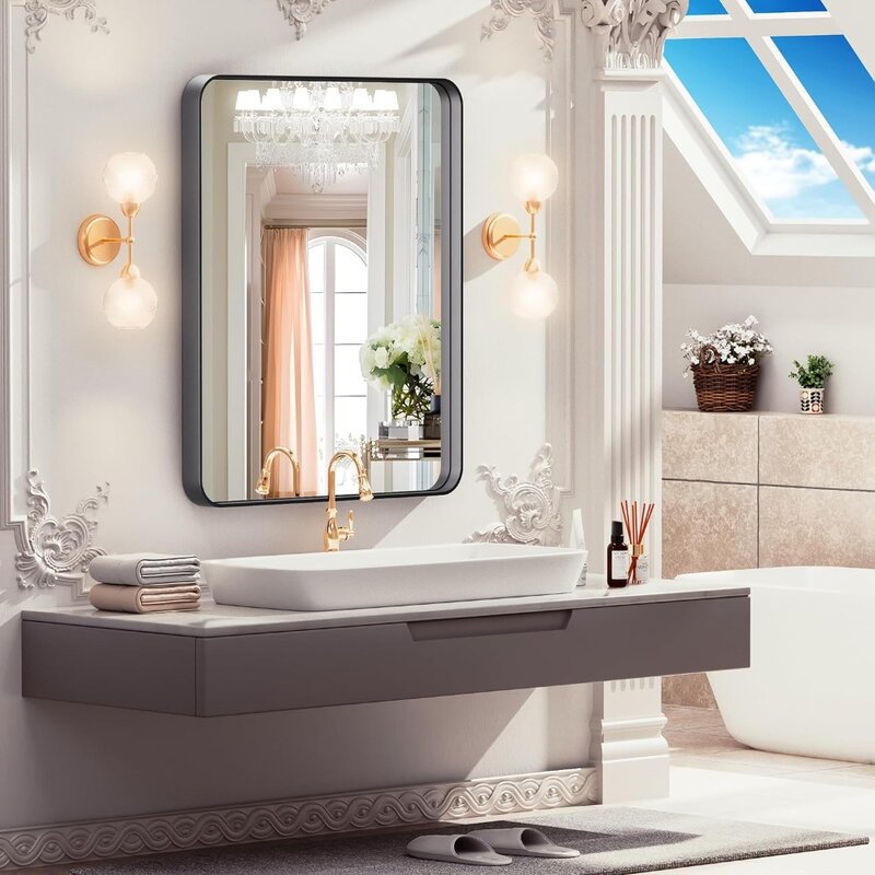 24 × 20 Cal lustro ścienne do łazienki, prostokątna czarna metalowa rama lustra do łazienki, nowoczesny ścienny lustro kosmetyczne do łazienki