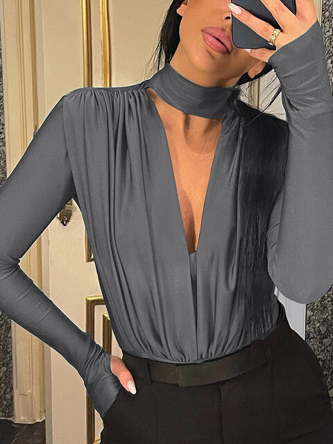 Long Sleeve Solid Women Fashion Casual Streetwear Sport Y2K Draped Buttons Sexy Slim Bodysuit 2023 Winter Deep V Neck
