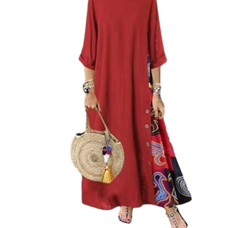 Женское винтажное платье в стиле пэчворк, свободное Макси-платье большого размера с богемным принтом, круглым вырезом и рукавом 3/4 в стиле Харадзюку, элегантное женское платье