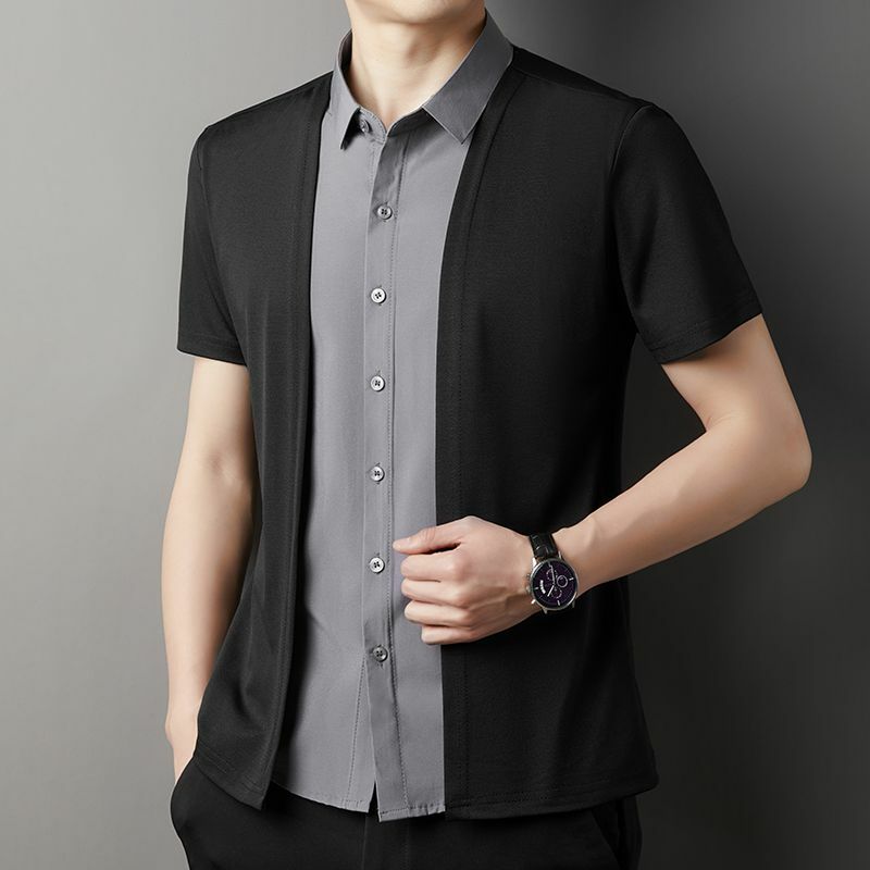 Рубашка мужская с коротким рукавом, модная сорочка из искусственных предметов, универсальная дышащая тонкая сорочка с лацканами, на пуговицах, в стиле смарт-кэжуал, лето