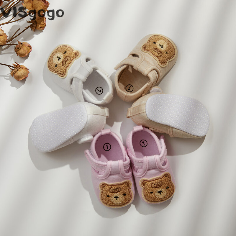 VISgogo 아기 캔버스 신발, 만화 곰 미끄럼 방지 워킹 슈즈, 캐주얼 플랫, 여아 남아용, 0-18 개월