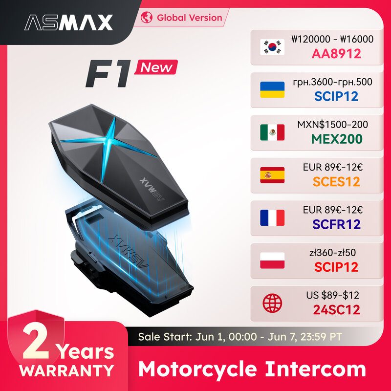 ASMAX F1 Interfono Moto, Interfono Alta Qualità Mesh, Bluetooth Casco Moto BT5.3, Unterstützt eine Reichweite von 1800m Intercoms für 10 Motorradfahrer, KI-Sprachsteuerung und IP67-Wasserdichtigkeit