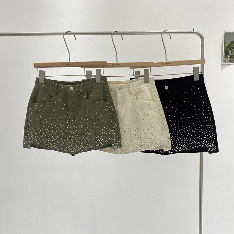 Falda vaquera con empalme de diamantes para mujer, falda de cintura alta, Color sólido, ajustada, a la cadera, verano, 2024