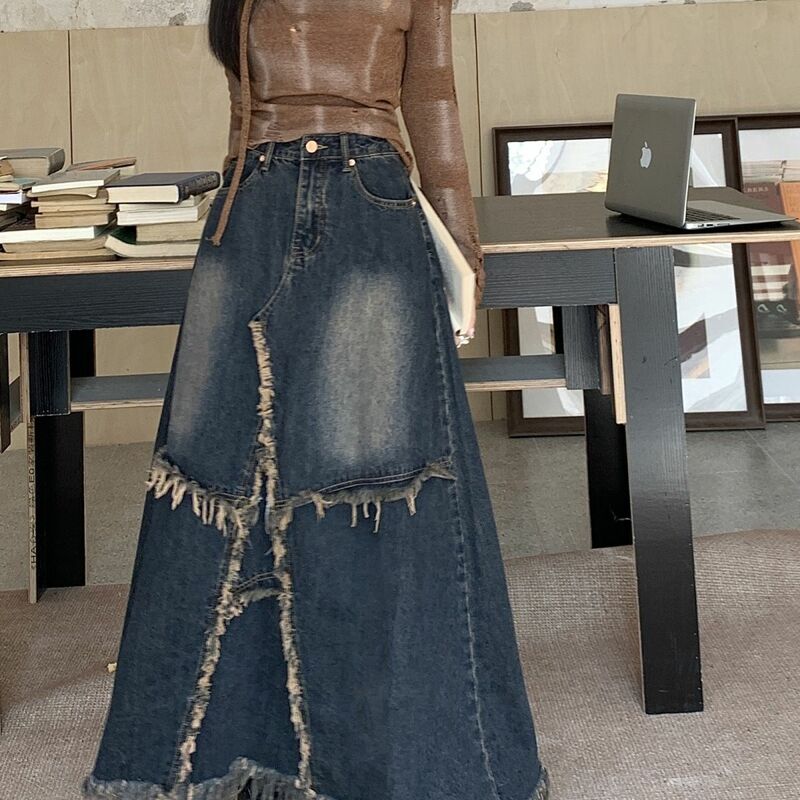 Jeansowe długa spódnica patchworkowe frędzle z wysokim stanem dla kobiet Y2k Vintage ścieg długie dżinsy spódnica w koreańskim stylu moda uliczna