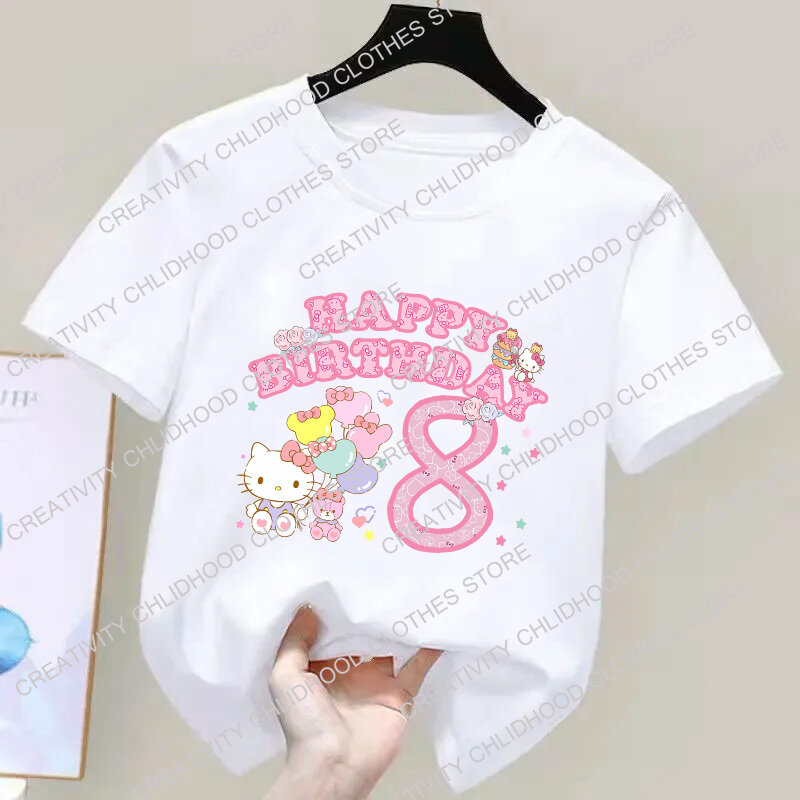 Hello Kitty Anime T-Shirt Infantil, Camisetas Kawaii, Roupas Casuais de Desenhos Animados, Top para Menina e Menino, Número Aniversário 123456789