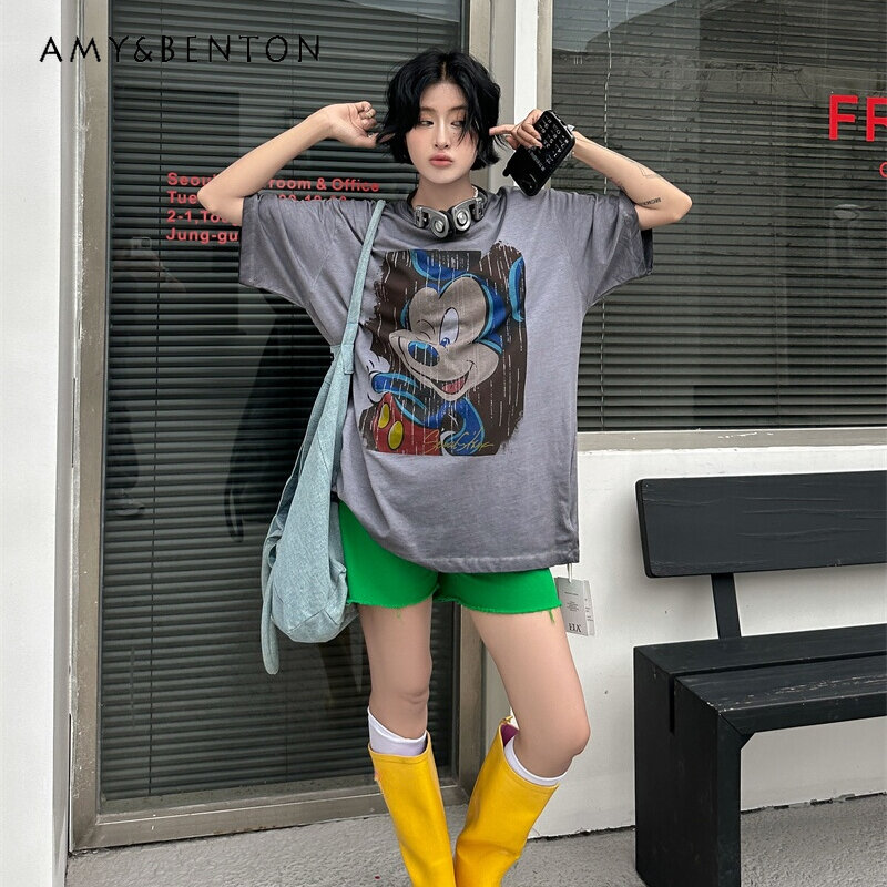 Potdemiel-Camiseta de manga corta con estampado de dibujos animados americanos para mujer, diseño de moda holgado, camisetas versátiles, Pulllovers