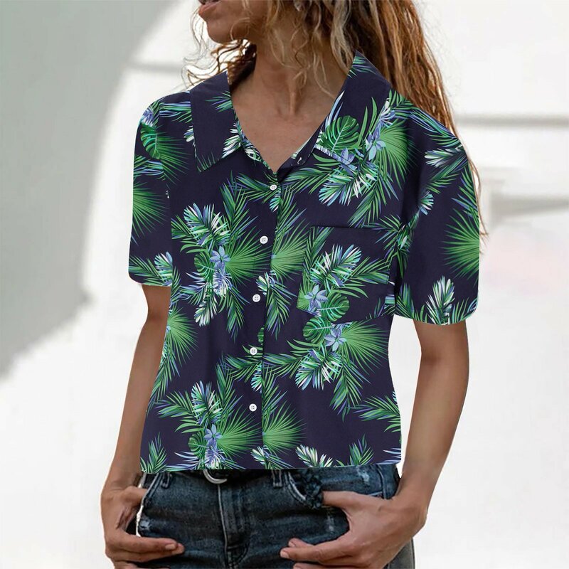 Kemeja bunga pantai Hawaii wanita, baju berkancing tipis lengan pendek gaya Korea Musim Panas 2024