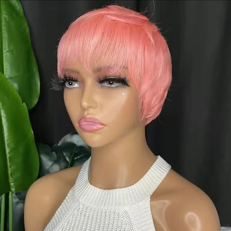 Wear Go-pelucas de cabello humano corto sin pegamento para mujeres negras, corte Pixie recto, cabello brasileño Remy, Color rosa, peluca barata sin pegamento