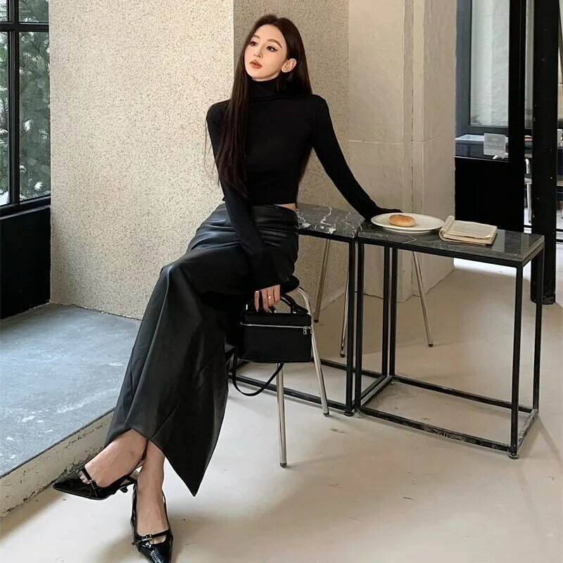 Shpmishal корейская мода ретро Пряная девушка стройнящий с высоким воротом с длинным рукавом пуловер Топ + Высокая талия кожаная юбка