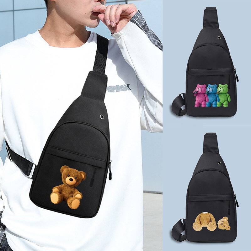 Bolso de pecho para hombre y mujer, bolsa cruzada de pecho con carga USB, auriculares con orificio para Cable, mochila de mensajero con patrón de oso