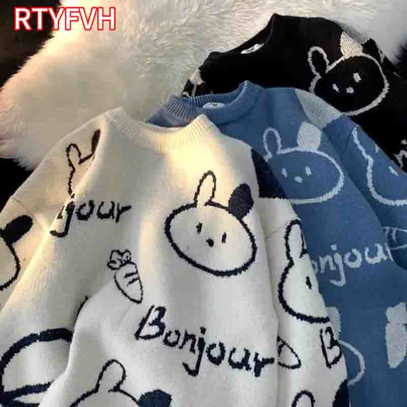 Kreskówka królik Y2k Harajuku kawaii Retro słodki pulower z okrągłym dekoltem sweter z dzianiny ciepłe luźne bluza oversize kobiety