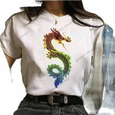 Damska koszulka Dragon Hip Hop malowana w stylu Streetwear topy kobiety Ulzzang Harajuku nadruk T Shirt letnie koszulki Loong z grafiką