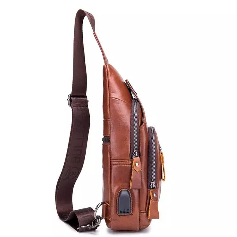 2024 new 100% cowhide Leather Casual Fashion Crossbody Chest Bag men's leather bag USB Charging Travel Shoulder Bag Daypack Male