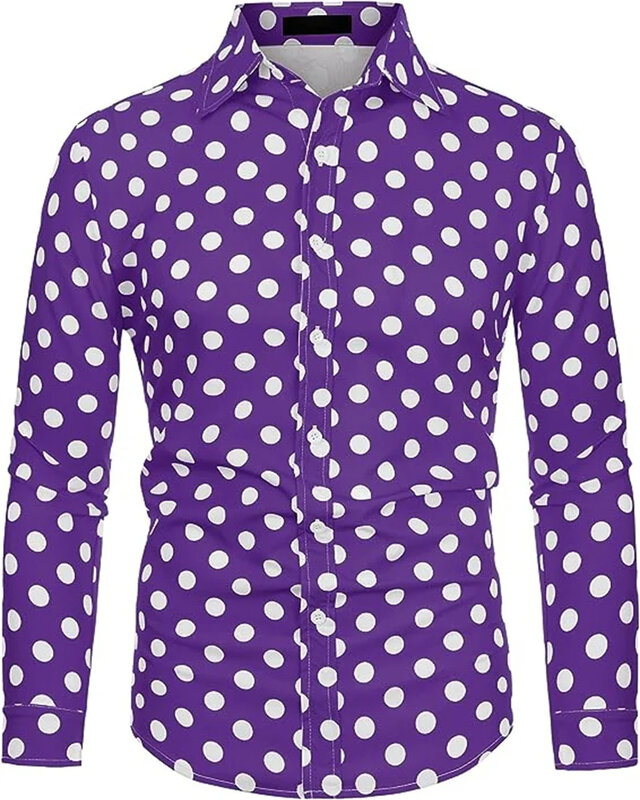 Camisa multicolorida de bolinhas masculina, manga comprida, ajuste justo, lapela estampada, botão, roupas de grandes dimensões, moda