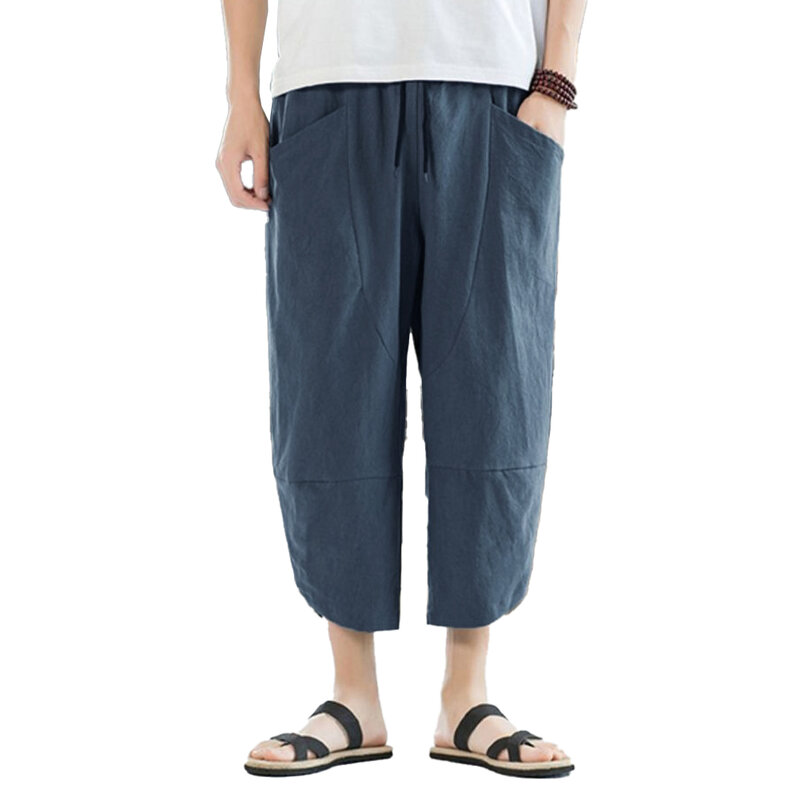 Celana Capri katun dan Linen pria celana panjang Linen tipis musim panas celana pantai kasual celana pendek longgar celana Samurai celana Hip Hop Harajuku