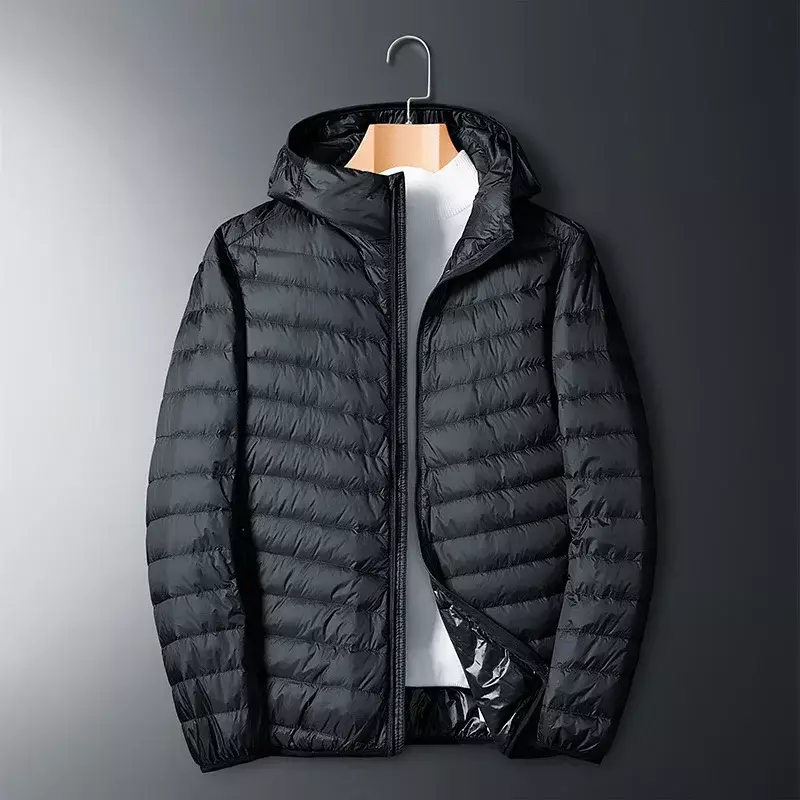Jaqueta leve de manga comprida masculina, casaco com capuz, jaqueta com zíper ao ar livre, Casacos quentes, Parkas monocromáticos, preto, inverno