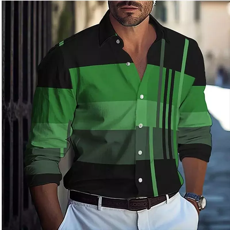 Camisa casual listrada masculina, estampada em 3D, primavera, verão, lapela, manga longa, blusa de vestuário confortável e elegante