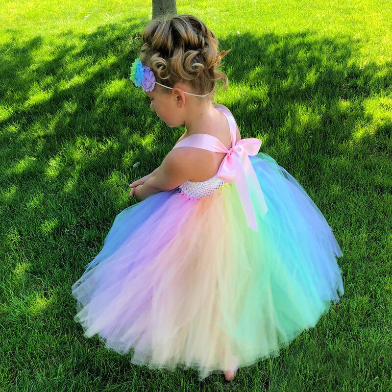 Girls Rainbow Fairy Tutu Dress with Wing Set Children Birthday Party Princess Dress Ball Gown Baby Kids Halloween Fairy Costume