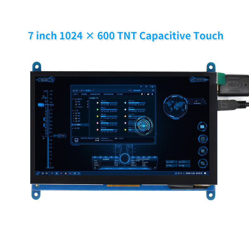 정전식 터치 패널 TFT LCD 모듈 스크린 디스플레이, 라즈베리 파이 3 B +/4b 용, 7 인치 1024*600 TNT