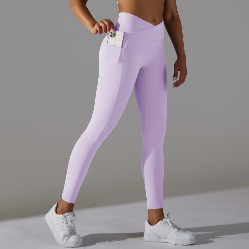 เลกกิ้งสำหรับผู้หญิงแบบครอสโอเวอร์กางเกงผ้ายืดเอวสูงกางเกงกีฬารัดรูปมีกระเป๋าถุงน่องนุ่ม celana Training ยกสะโพก