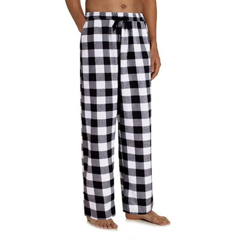Calças de pijama cintura elástica com cordão xadrez solto calças de pijama para casa
