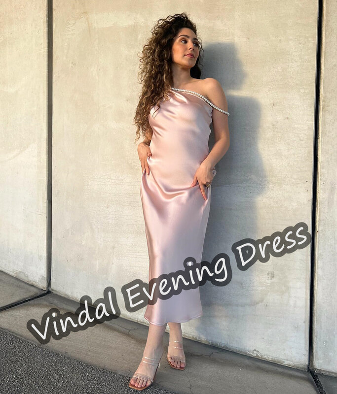 Vindalska sukienka wieczorowa z jednym ramieniem długość herbaty Sexy elegancki wbudowany biustonosz syrenka saudyjska satynowy rękawy dla kobiety 2024