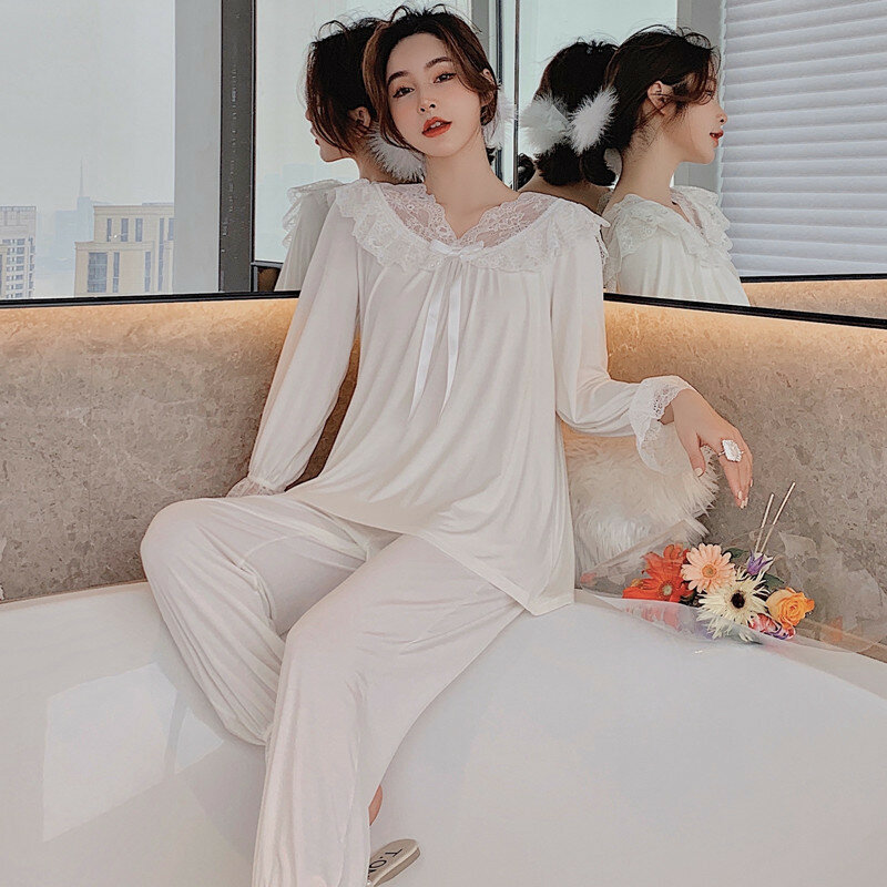 Conjunto de pijamas loungewear feminino bonito bonito palácio deusa manga longa modal primavera feminino rendas princesa ao ar livre pjs