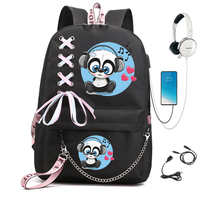 Tas ransel anak perempuan, tas ransel sekolah anak perempuan, tas sekolah Anime Panda, tas buku, imut, Usb, remaja