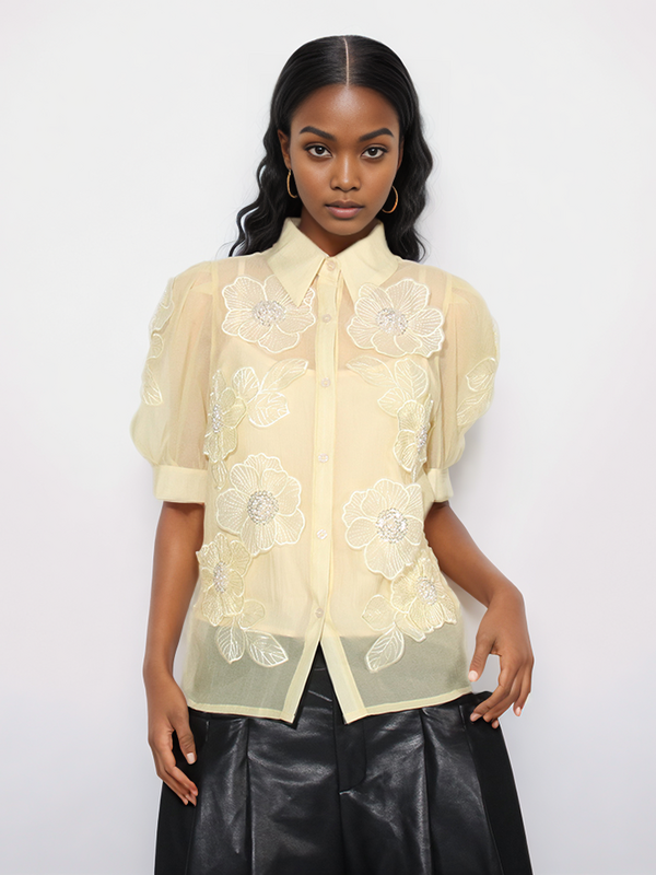 ROMISS solid color stitching flower shirt women's lapel short -sleeved stitching single -breasted shirt women's clothing fashion