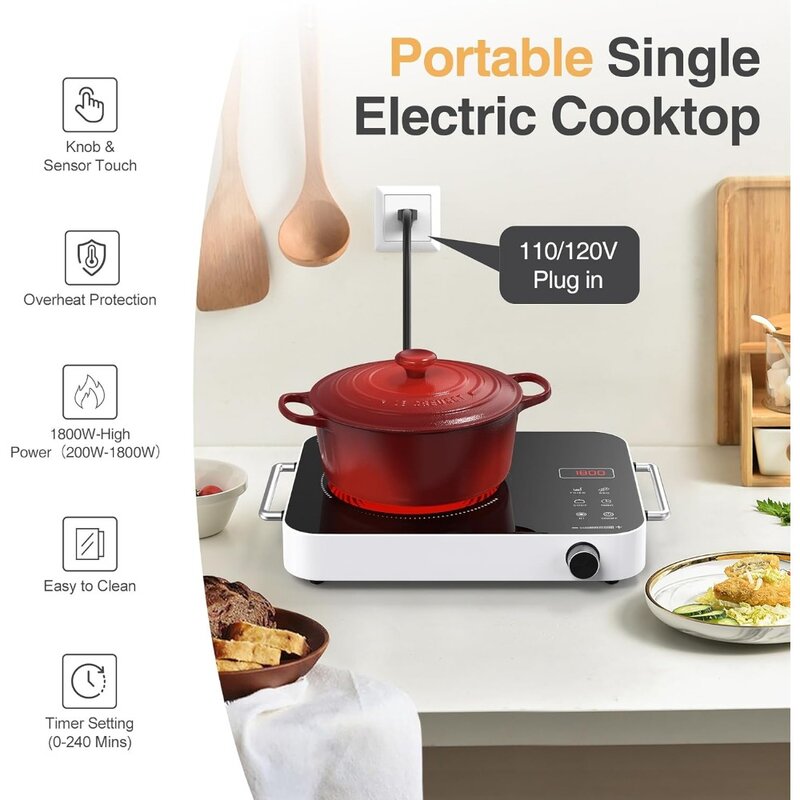 1800W 110V Electric Stove , Portable Induction Cooktop with 2 Handle, Hot plate with Double Ring Heating, 4 hours Timer